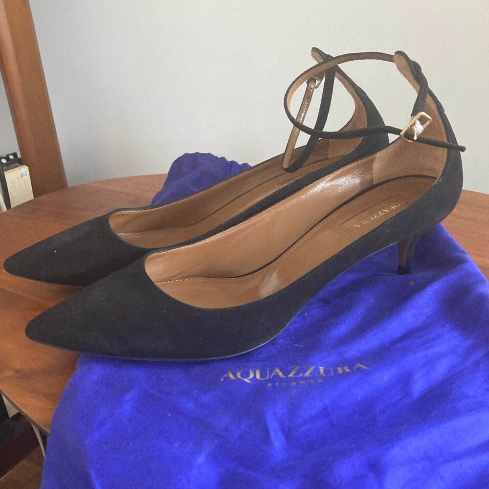 Aquazzura Black Suede Ankle Strap Pointed Toe Kitten Heel Pump sz. 38.5 (US 8)